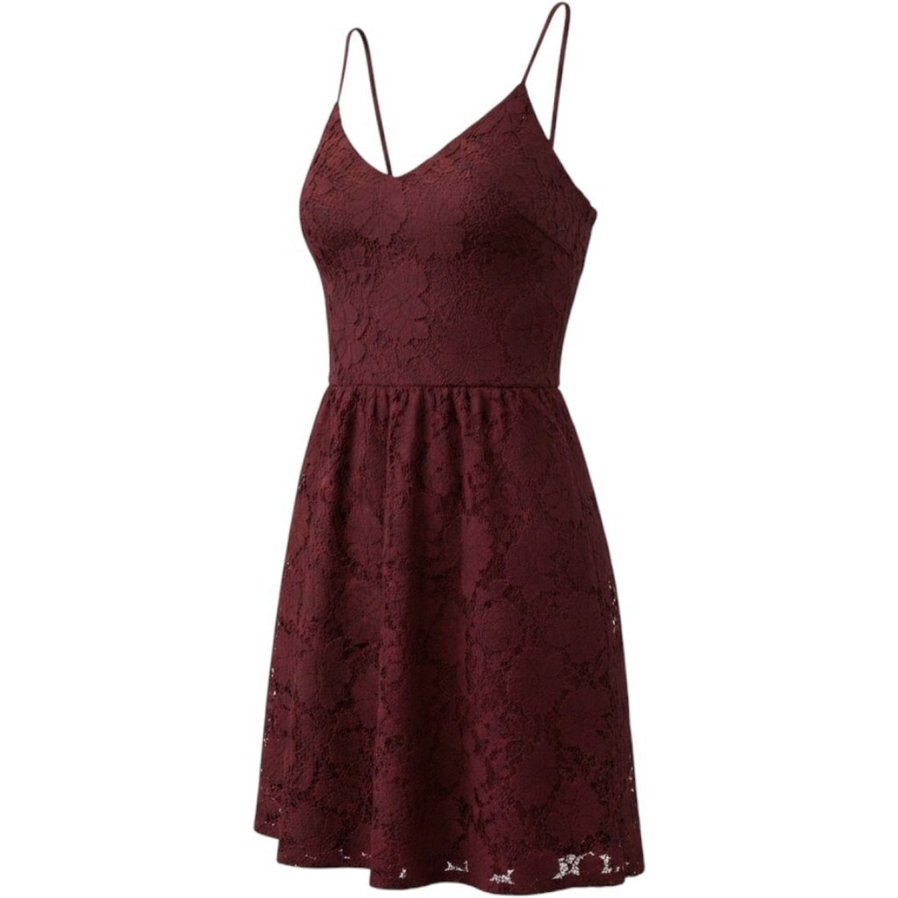 Monteau Los Angeles Burgundy Floral Lace Fit Flare Dress XS Spaghetti Strap Wine